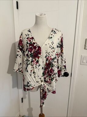 White Floral V-Neck Tie-Front Blouse with Burgundy Accents